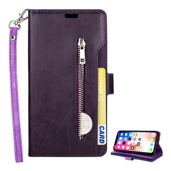 Tok álló, bőr hatású (FLIP, oldalra nyíló, asztali tartó funkció, cipzáras pénztárca, csuklópánt) LILA [Apple iPhone XS Max 6.5] (5996457803903)