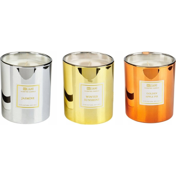 Beliani 3 świece zapachowe sojowe szarlotka/ jaśmin/ zimowe słońce METALLIC GLAMOUR