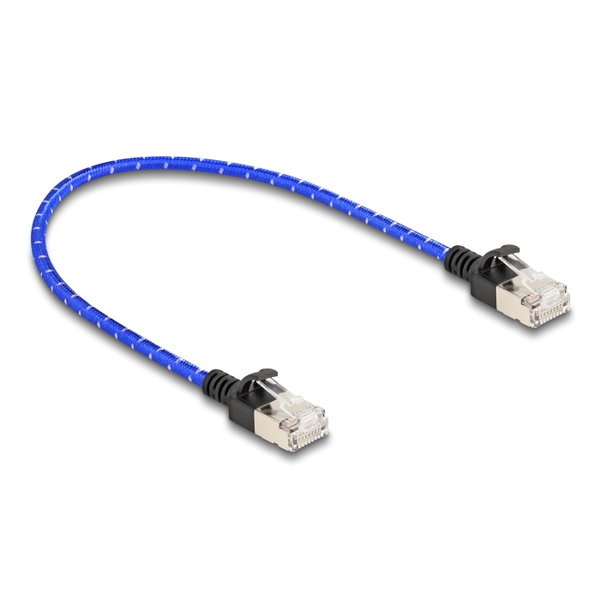 Delock RJ45 Netzwerkkabel mit Geflechtmantel Cat.6A U/FTP Slim 0,3 m blau