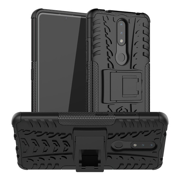 Defender műanyag telefonvédő (közepesen ütésálló, szilikon belső, kitámasztó, autógumi minta) FEKETE [Nokia 2.4] (5996591034690)