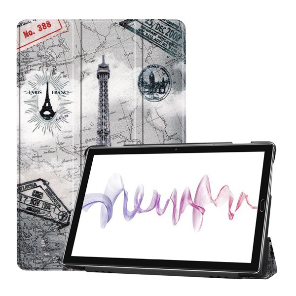 Tok álló, bőr hatású (aktív FLIP, oldalra nyíló, TRIFOLD asztali tartó funkció, Eiffel torony, térkép minta) SZÜRKE [Huawei MediaPad M6 10.8 LTE] (5996457891368)