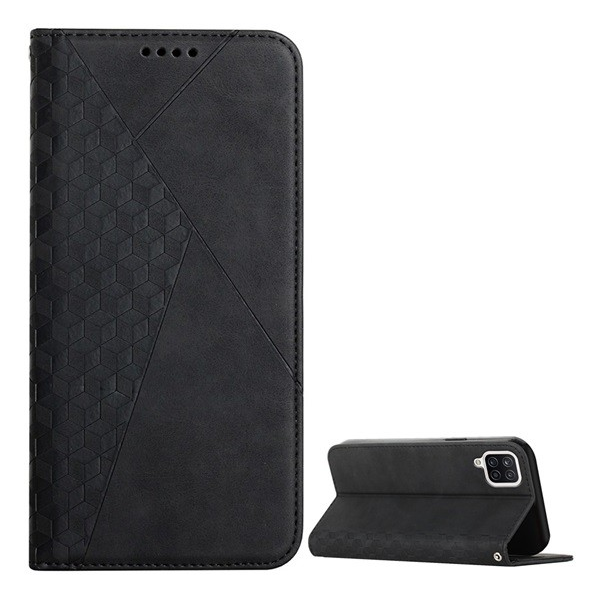 Tok álló, bőr hatású (FLIP, oldalra nyíló, asztali tartó funkció, 3D rombusz minta, prémium) FEKETE [Samsung Galaxy A12 (SM-A125F / SM-A127F)] (5996591103105)