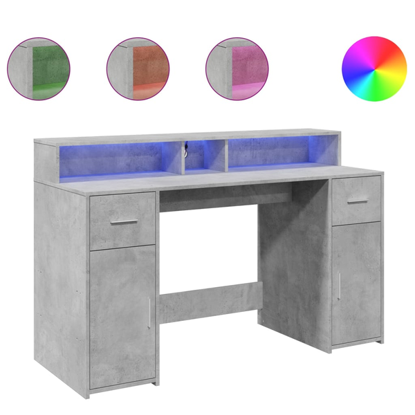 betonszürke szerelt fa íróasztal LED-világítással 140x55x91 cm