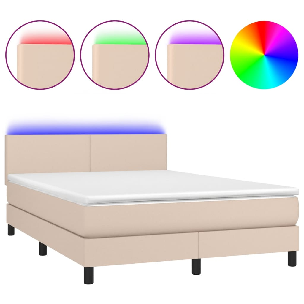 cappuccino színű műbőr rugós ágy matraccal és LED-del 140x190cm (3134104)