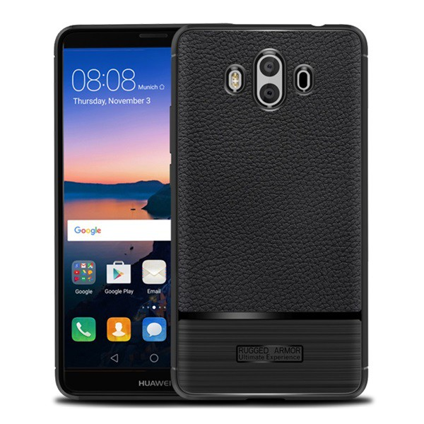 Szilikon telefonvédő (közepesen ütésálló, bőr hatású, szálcsiszolt) FEKETE [Huawei Mate 10] (5996457738922)