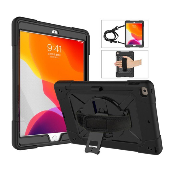 Defender műanyag telefonvédő (közepesen ütésálló, kitámasztó, 360°-ban forgatható + kézpánt, vállpánt) FEKETE [Apple IPAD 10.2 (2021)] (5996457914401)