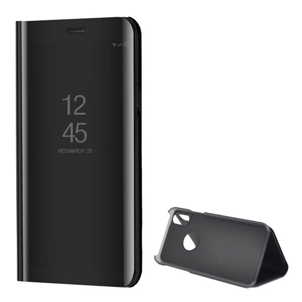 Tok álló (FLIP, oldalra nyíló, asztali tartó funkció, tükrös felület, Mirror View Case, logo kivágás) FEKETE [Apple iPhone XS 5.8] (5996457723324)