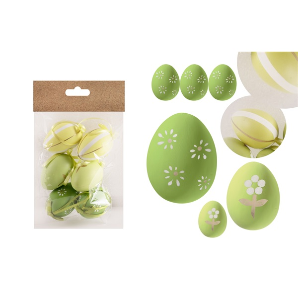 IRIS dekor műanyag tojás x6 zöld virágos/csíkos 4x6cm