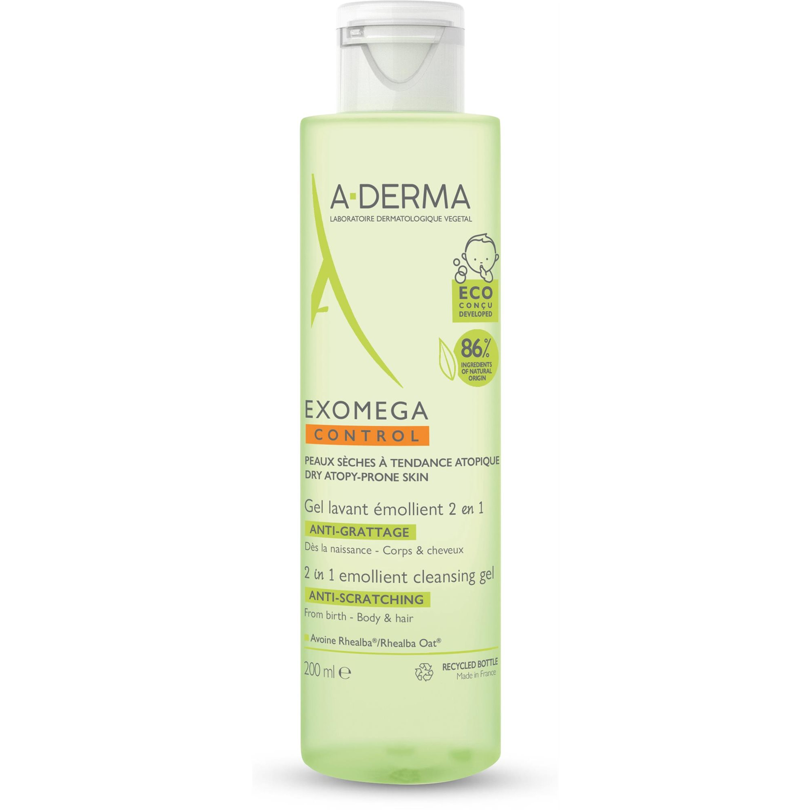 A-DERMA Exomega Control bőrpuhító tisztító gél száraz, atópiára hajlamos bőrre 2 in 1 200 ml (3282770144116)