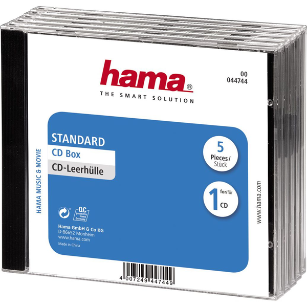 Hama CD Jewel Case Standard, Pack 5 Custodia a conchiglia a C 1 dischi Nero, Trasparente