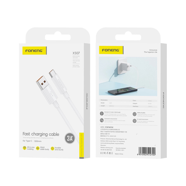 Foneng USB-A apa - USB-C apa Adat- és töltőkábel 1m - Fehér (XS07)