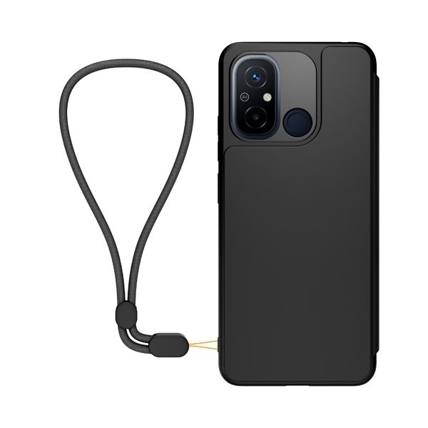 Made for Xiaomi tok álló, bőr hatású (FLIP, oldalra nyíló, kártyazseb, asztali tartó + kézpánt) FEKETE Xiaomi Redmi 12C (WIFOLIOREDMI12CN)