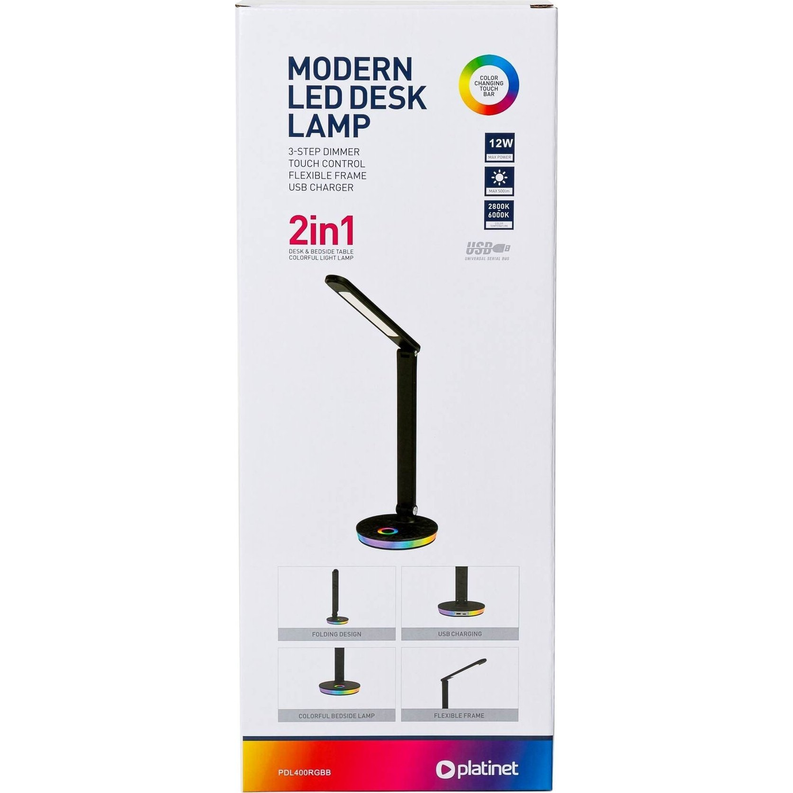PLATINET Asztali lámpa RGB, 12W, USB-A és USB-C töltő portal, 6000K, 500 Lumen, fekete (PDL400RGBB)