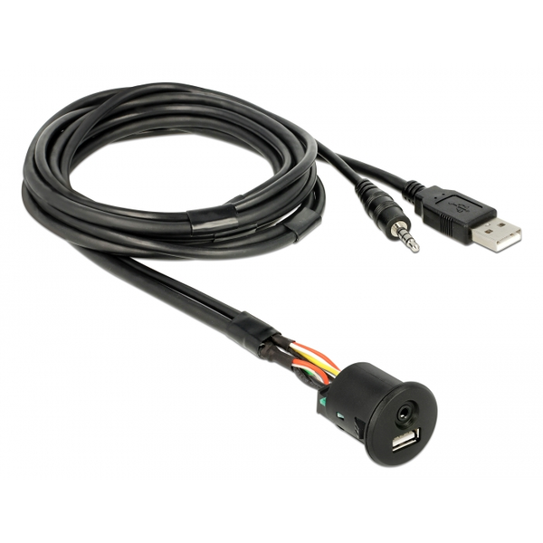 USB Verlängerungskabel, USB A + 3,5mm Klinkenstecker > USB A + 3,5mm Klinkenbuchse (schwarz, 1,5 Meter, mit Einbaubuchse)