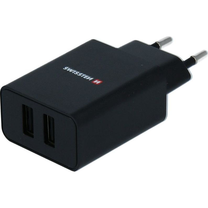 Swissten 22052000 2xUSB-A Hálózati Töltő Adapter + MicroUSB Kábel 1.2m 10W - Fekete (22052000)