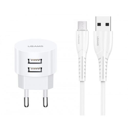 Зарядно за стена, Usams, Micro USB/2X USB кабел, 2.1 A, Бяло