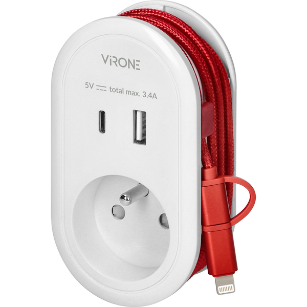 Orno Adapter USB Töltővel és Töltőkábellel C Típusú és Lightning, 1x2P+Z, 2xUSB A+C Típusú, 3,4A