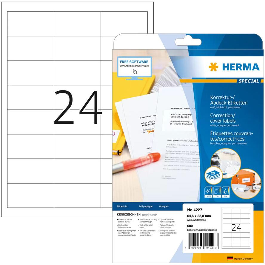 Herma 64,6 x 33,8 mm Fedőcímke tintasugaras és lézer nyomtatóhoz (600 címke / csomag) (4227)