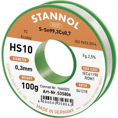 Stannol HS10 2,5% 0,3MM SN99,3CU0,7 CD 100G Forrasztóón, ólommentes Ólommentes, Tekercs Sn99.3Cu0.7 100 g 0.3 mm (593001)