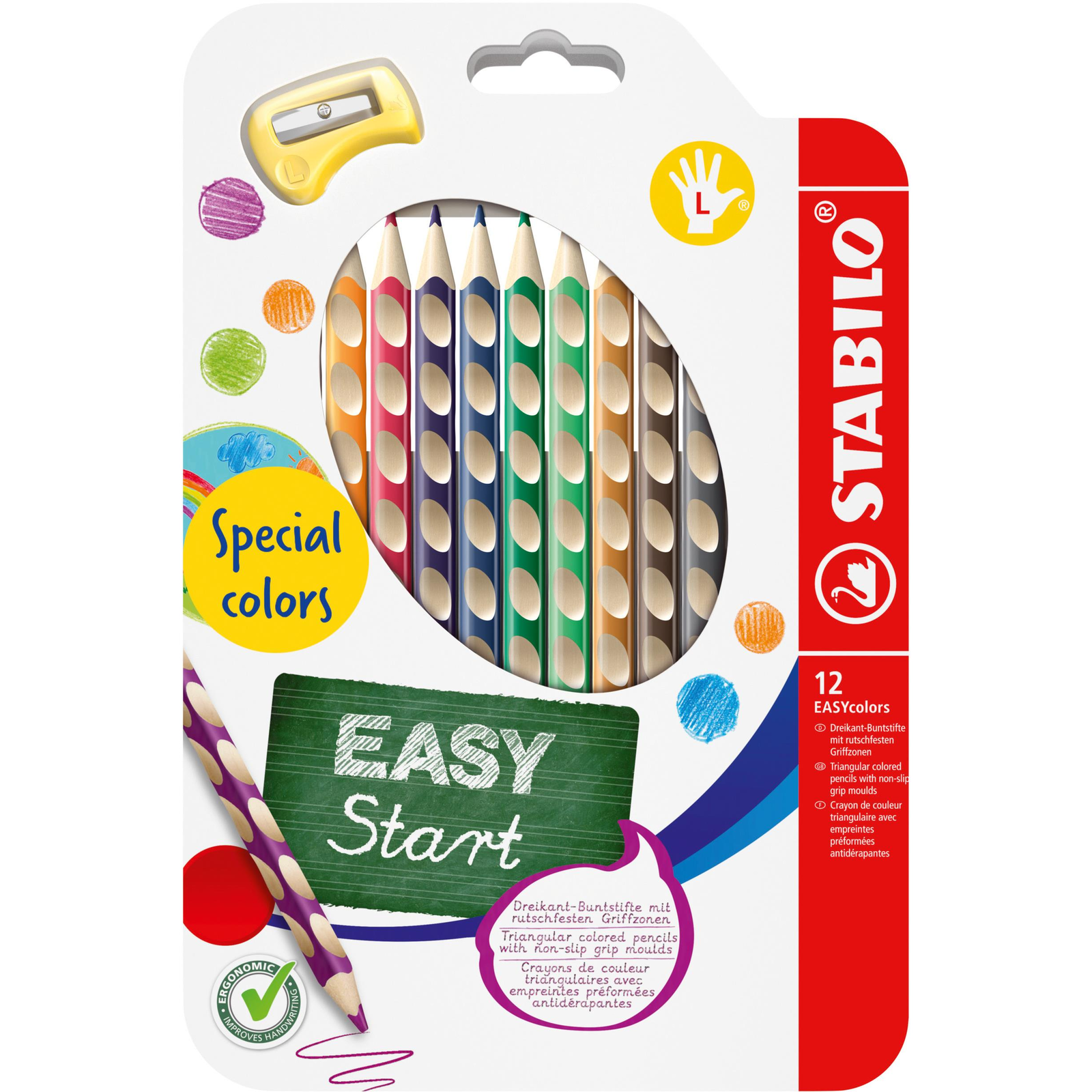 STABILO EASYcolors balkezeseknek, speciális színek - 12 szín és hegyező (4006381606011)