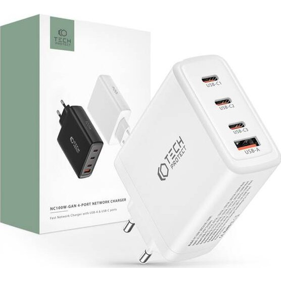 Ładowarka Tech-Protect TECH-PROTECT NC100W-GAN 4-PORT NETWORK CHARGER PD100W/QC3.0 WHITE