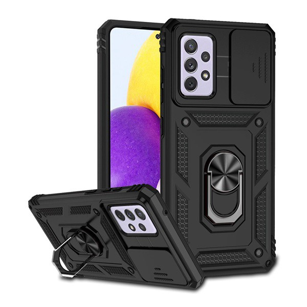 Defender műanyag telefonvédő (közepesen ütésálló, szilikon belső, telefontartó gyűrű, kamera védelem) FEKETE [Samsung Galaxy A52s 5G (SM-A528)] (5996591207186)