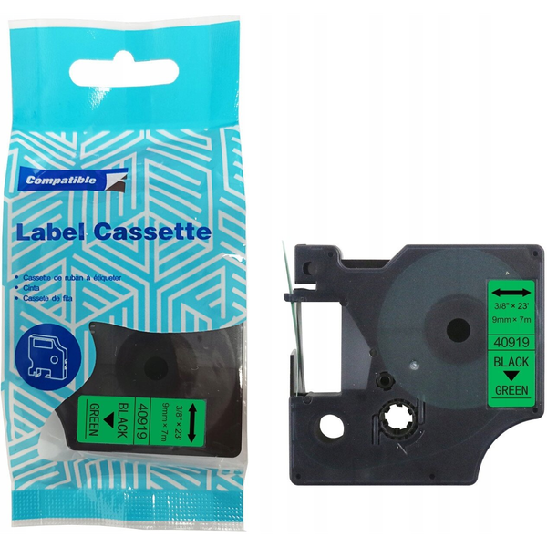 Taśma DYMO D1 40919 9mm x 7m S0720740 czarny na zielonym zamiennik