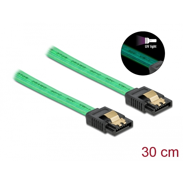 Delock SATA 6 Gb/s Kabel UV Leuchteffekt grün 30 cm