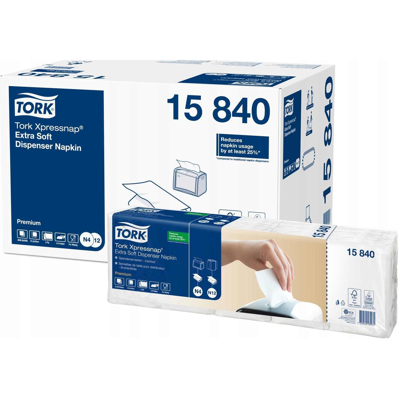 Tork Xpressnap® Extra Soft adagolós szalvéta - 2 rétegű, hófehér, 33x21cm, 500 lap (Karton - 8 csg) (15840)