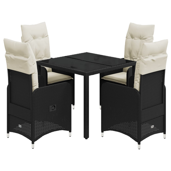 Set bistro de grădină cu perne, 5 piese, negru, poliratan