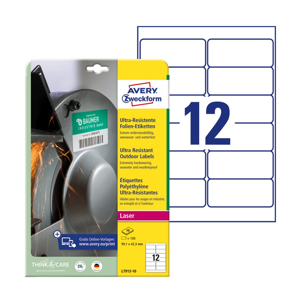 Avery Etikett címke, 99,1 x42,3mm, ultra ellenálló 12 címke/ív, 10 ív/doboz,  fehér (L7913-10)