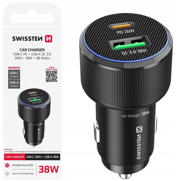 Cargador De Coche De Carga Rápida 38w Usb-c Power Delivery Y Usb 3.0