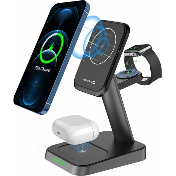 Swissten MagStick vezeték nélküli töltő 3 az 1ben, 22.5W (MagSafe kompatibilis), fekete