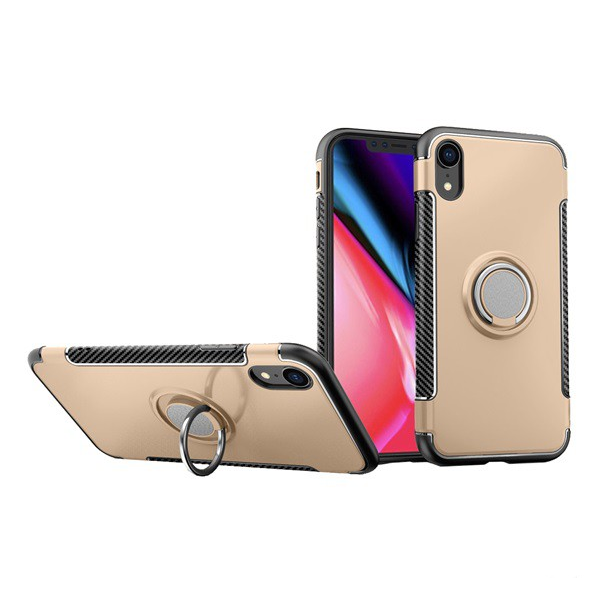 Műanyag telefonvédő (szilikon keret, asztali tartó funkció, telefontartó gyűrű, beépített fémlemez, karbon minta) ARANY [Apple iPhone XR 6.1] (5996457811311)