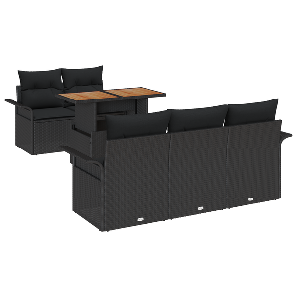 Set de canapea de grădină cu 6 piese și perne, Ratan negru și lemn