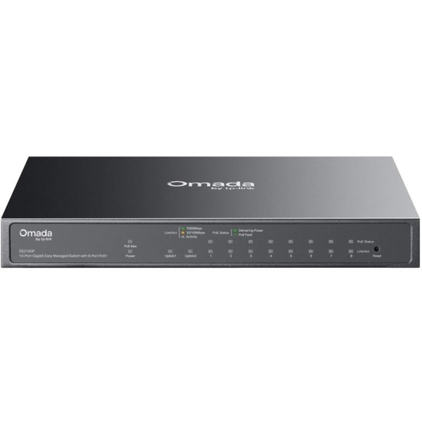 TP-Link Switch Menedzselhető PoE - ES210GP (Omada; 9x 1Gbps; 8x af/at PoE+ port; 1x SFP/RJ45 combo port; 63W)