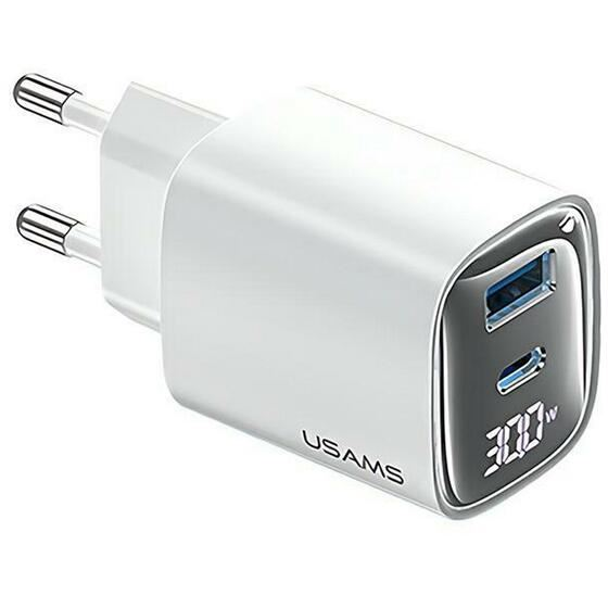 Usams CC229 Type-C, USB-A hálózati töltő kijelzővel 30W fehér (CC229TC02) (CC229TC02)