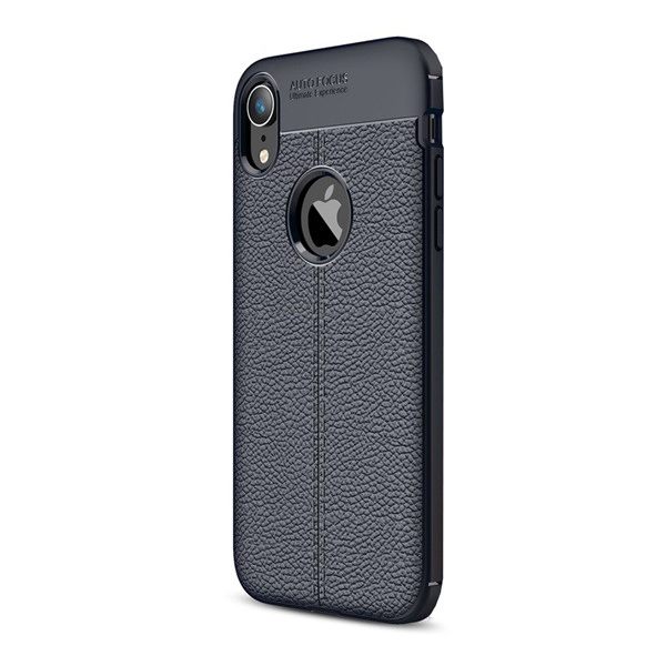 Szilikon telefonvédő (közepesen ütésálló, bőr hatású, varrás minta, logo kivágás) SÖTÉTKÉK [Apple iPhone XR 6.1] (5996457802708)