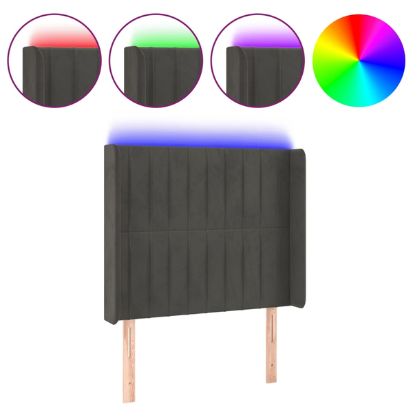 Tăblie de pat cu LED, gri închis, 103x16x118/128 cm, catifea