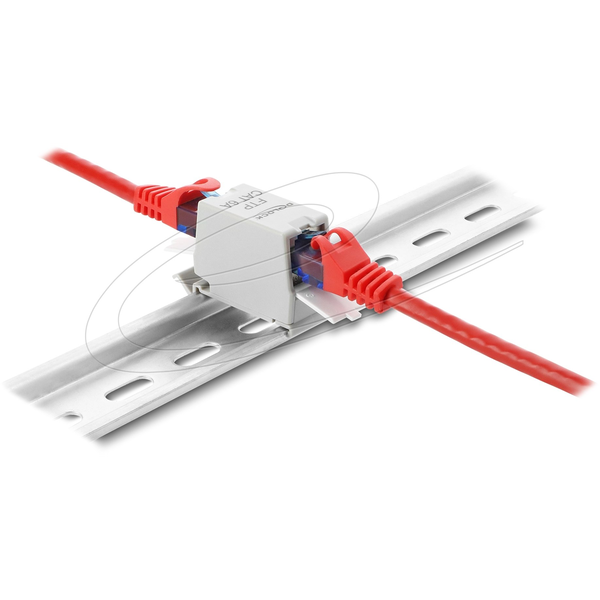 Delock RJ45 Kupplung Cat.6A Buchse zu Buchse mit Staubschutzklappe für Hutschienen Montage geschirmt grau / weiß