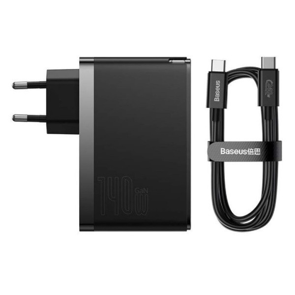 Hálózati töltő adapter, 140W, USB aljzat, 2 x USB Type-C aljzat, USB Type-C - USB Type-C kábellel, gyorstöltés, PD 3.1, QC, GaN5, Baseus GaN5 Pro, fekete (6932172610227)