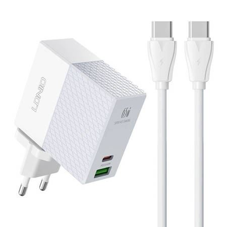 LDNIO A2620C USB-A + USB-C hálózati töltő 65W + USB-C - USB-C kábel fehér (A2620C type C to typ)