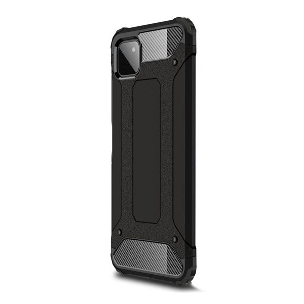 Defender műanyag telefonvédő (közepesen ütésálló, légpárnás sarok, szilikon belső, fémhatás) FEKETE [Samsung Galaxy A22 5G (SM-A226)]