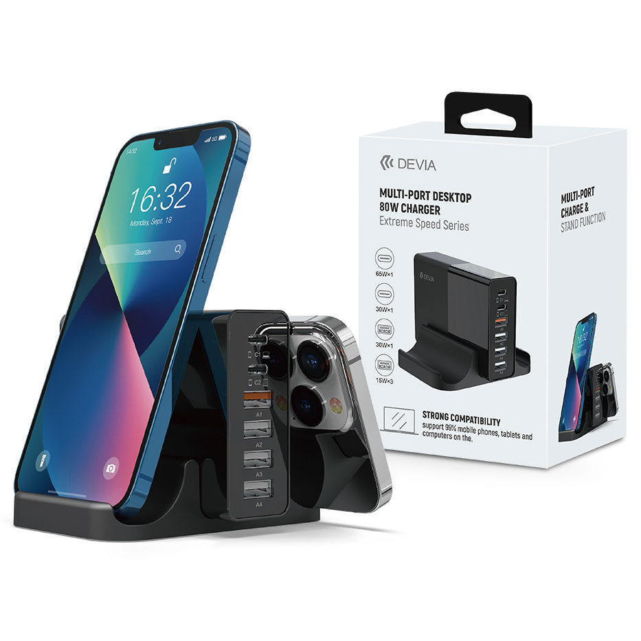 Devia asztali töltő állomás 4xUSB + 2xType-C PD bemenettel - 80W - Devia ExtremeSpeed Series Multi-port Desktop Charger - fekete (ST359446)