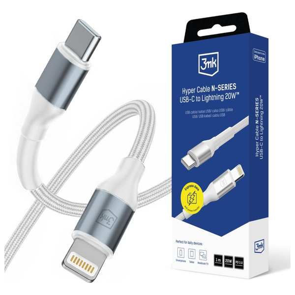 Kábel 3mk USB typ C - Apple Lightning 1 m biely