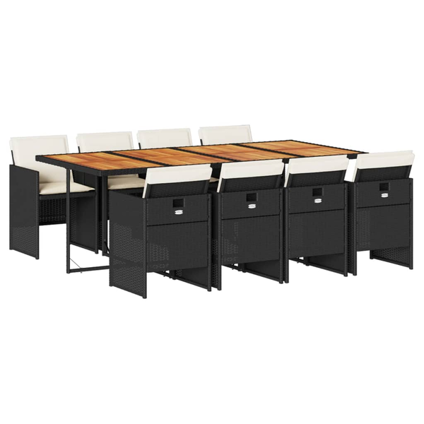 Set mobilier de grădină cu perne, 9 piese, negru, poliratan