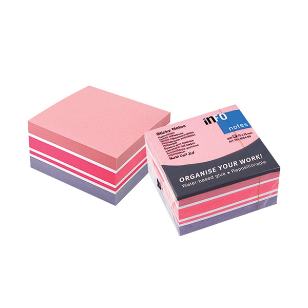 Info Notes Jegyzettömb öntapadó, 75x75mm, 400lap,   pasztell fehér,pink, lila (5654-69)