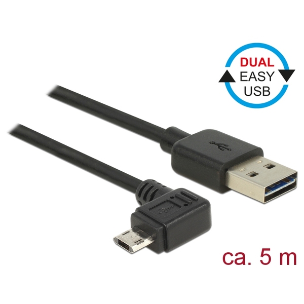 USB 2.0 kábel typ A na Micro-B, uhlový, 5 m, čierny Delock 85562