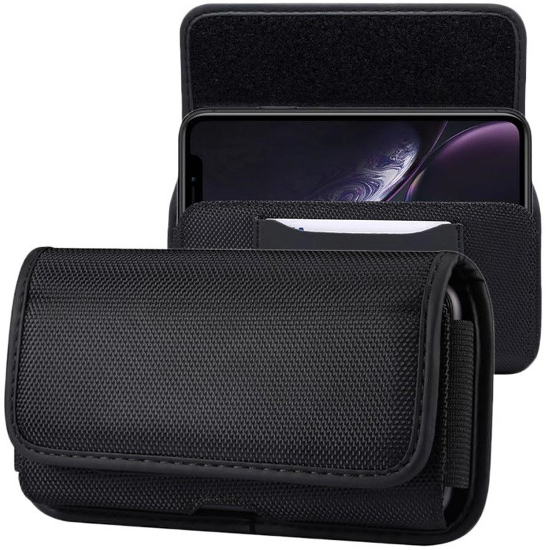 Univerzális tok, fekvő, övre csíptethető, fűzhető, kártyatartóval, Apple iPhone 13 Pro méret, Oxford, Model-3, fekete (126206)