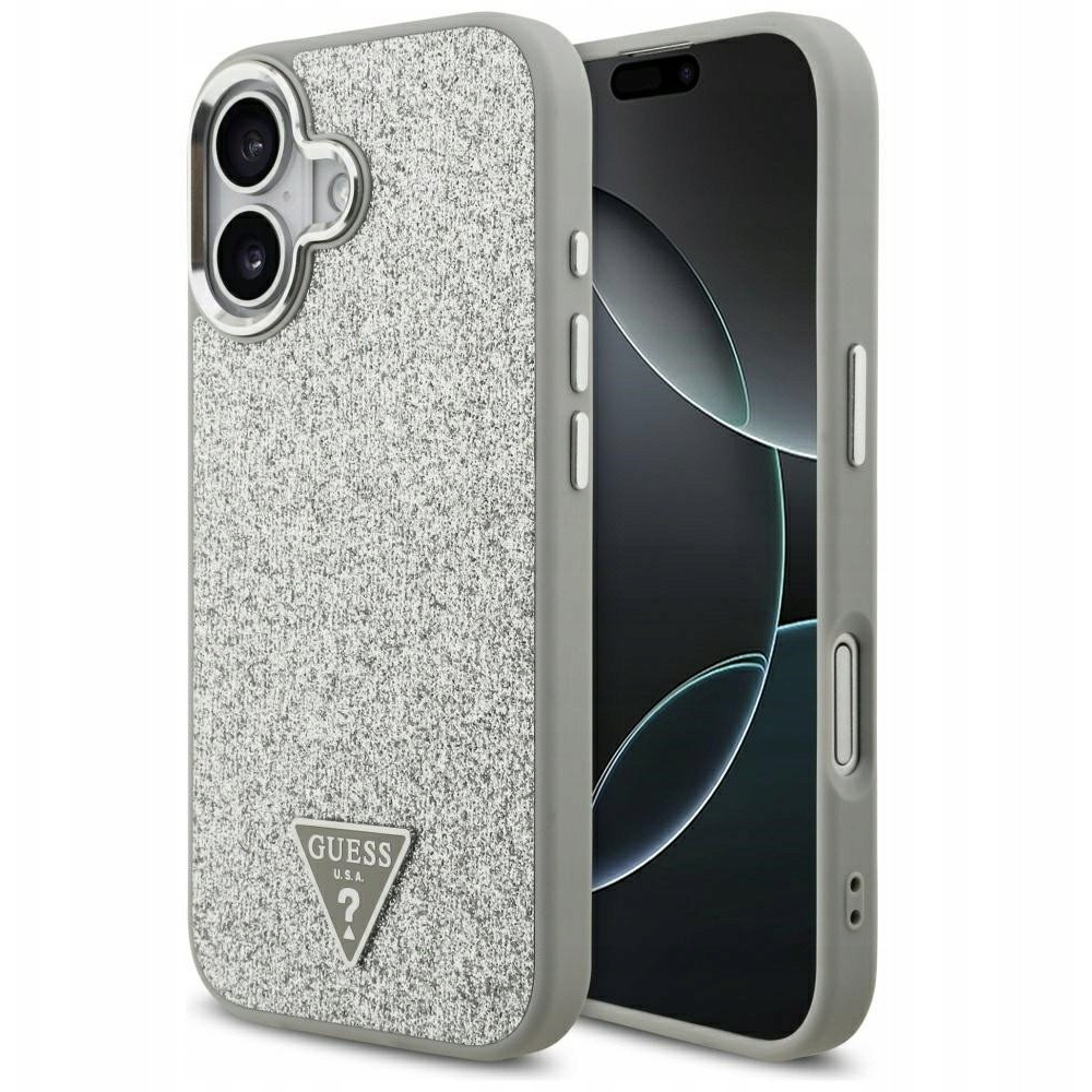 GUESS Glitter háromszög logós MagSafe tok iPhone 17 ezüst (GUHMP17SPFGTSCMS)